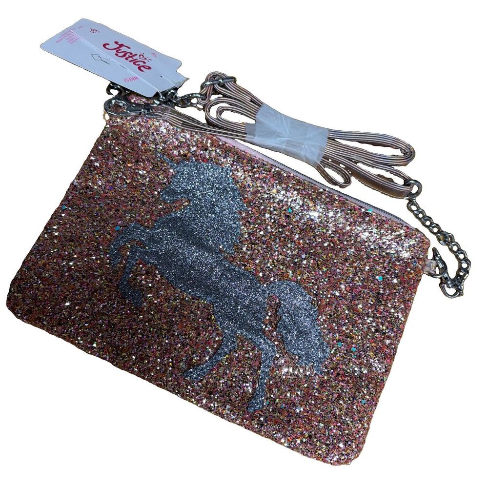 NEW Justice Girls Pink Glitter Unicorn Purse Convertible Crossbody Bag Wristlet